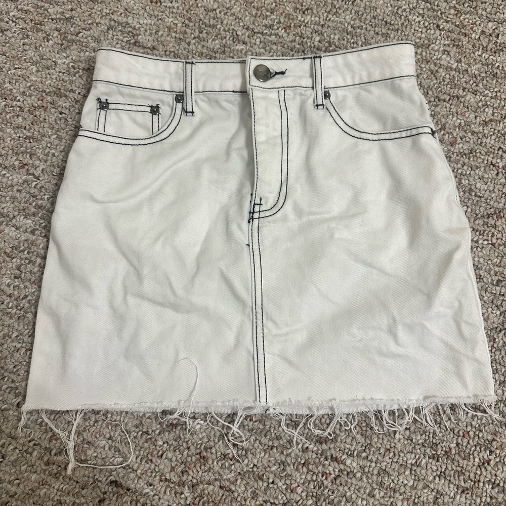 White  and Brown stitching Denim Mini Skirt